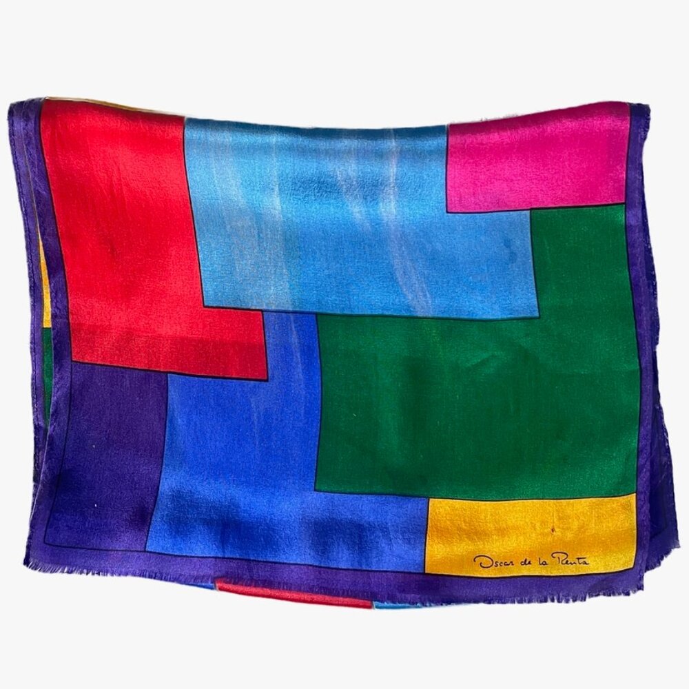 VTG 60s/70s Oscar De La Renta Silk Patchwork Scarf Wrap 50" x 10"